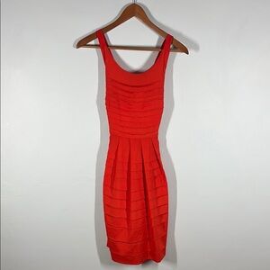 Eva Franco Orangey- Red Ruched Sheath Midi Dress for Cocktail